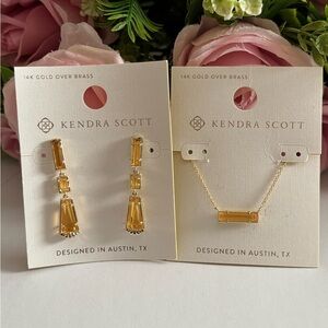 NWT Kendra Scott set of Serena Linear Earring+Paisleigh necklace gold yellow